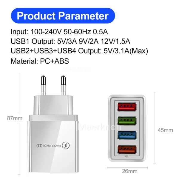 USB Charger Quick Charge 3.0 4 ports Phone Adapter For Huawei iPhone 12 xiaomi Tablet Portable Wall Mobile Charger Fast Charger - Image 6
