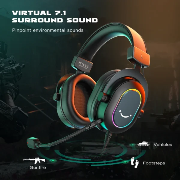Fifine Dynamic RGB Gaming Headset with Mic Over-Ear Headphones 7.1 Surround Sound PC PS4 PS5 3 EQ Options Game Movie Music - Image 2